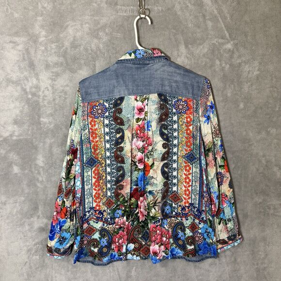 John Mark Top PM Petite Mixed Media Floral Long Sleeve M Boho Roll Tab Sleeve - Picture 3 of 8